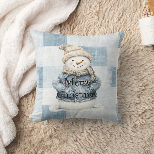 Blue Denim Snowman Christmas Cushion (Blanket)