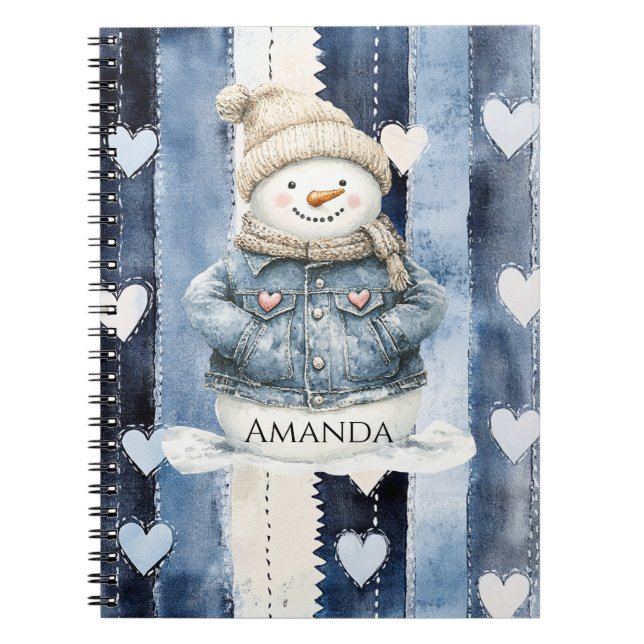 Blue Denim Snowman Hearts Notebook (Front)