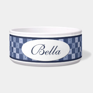 Blue Denim Squares Personalised Ceramic Dog Bowl