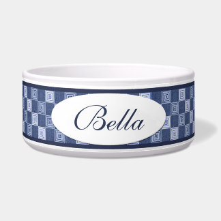 Blue Denim Squares Personalised Ceramic Dog Bowl
