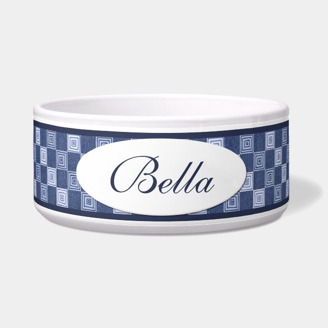 Blue Denim Squares Personalised Ceramic Dog Bowl (Front)
