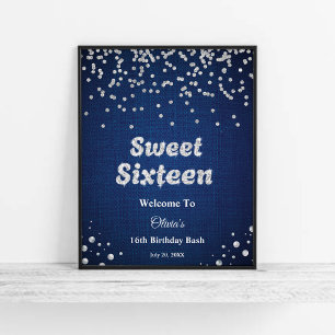 Blue Denim Sweet Sixteen 16th Birthday Welcome  Poster