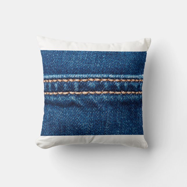 Blue denim texture with stitch line closeup, Jeans Cushion (Front)