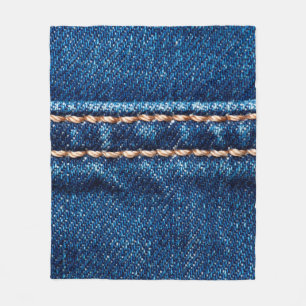 Blue denim texture with stitch line closeup, Jeans Fleece Blanket