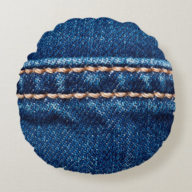 Blue denim texture with stitch line closeup, Jeans Round Cushion (Front)