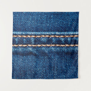 Blue denim texture with stitch line closeup, Jeans Tapestry