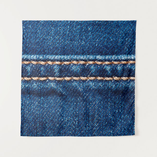 Blue denim texture with stitch line closeup, Jeans Tapestry (Front)