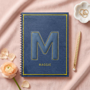 Blue Denim Y2K Yellow Stitch Monogram Letter M Notebook