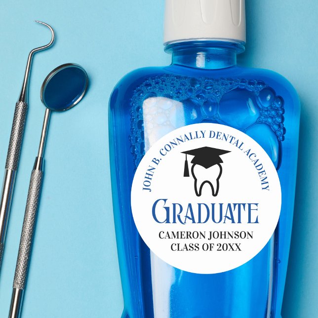 Blue Dental School Custom Dentist Graduation Party Classic Round Sticker (Creator Uploaded)
