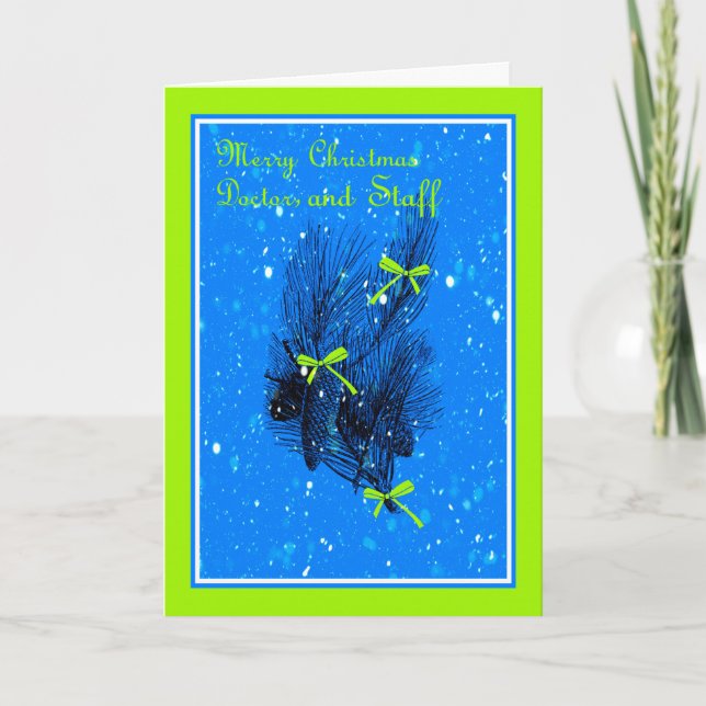 Blue Design with Pinecones & Branches Dr. & Staff Holiday Card (Front)