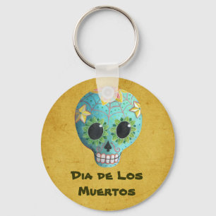 Blue Dia de Los Muertos Art Sugar Skull Key Ring