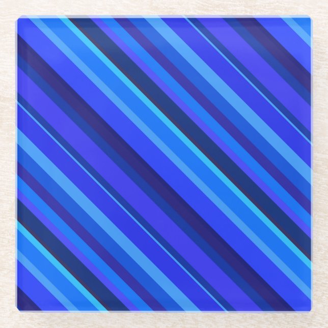 Blue diagonal stripes glass coaster (Front)