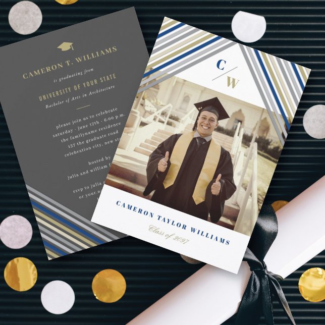 Blue Diagonal Stripes Modern Graduation Party Invitation (Creator Uploaded)