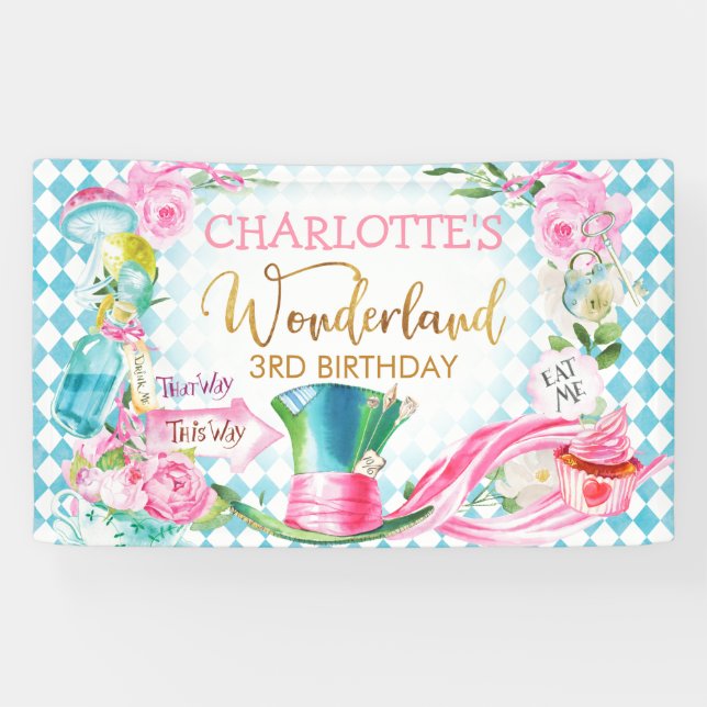 Blue Diamond Alice In Wonderland Birthday Banner (Horizontal)