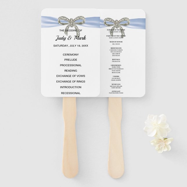 Blue Diamond Bow Wedding Program Hand Fan (Front and Back)