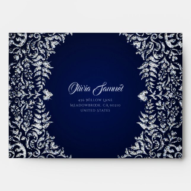 Blue Diamond Dark  Damask Wedding Envelope (Front)