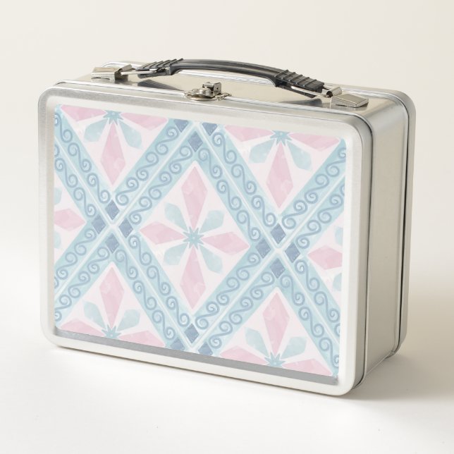 Blue Diamond Geometric Pattern Metal Lunch Box (Front)