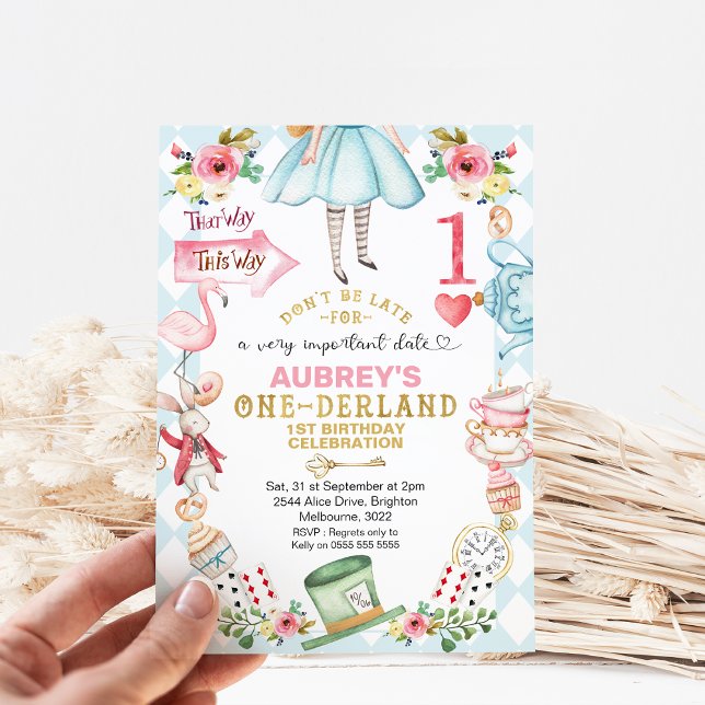 Blue Diamond Heart Alice One-derland 1st Birthday Invitation (Alice in Onederland 1st Birthday Invitation, Blue Diamond Pattern Red Heart, Floral Alice Onederland)