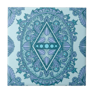 Blue Diamond Mandala Ornate Turquoise & Lavender Ceramic Tile