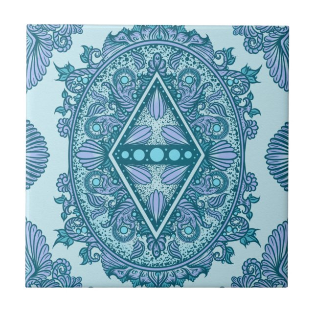 Blue Diamond Mandala | Ornate Turquoise & Lavender Ceramic Tile (Front)