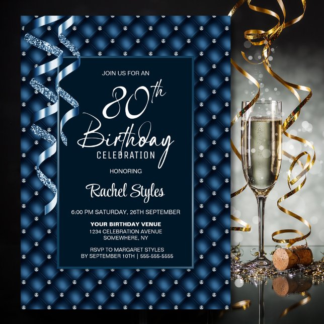 Blue Diamond Pattern 80th Birthday Party Invitation (Creator Uploaded)
