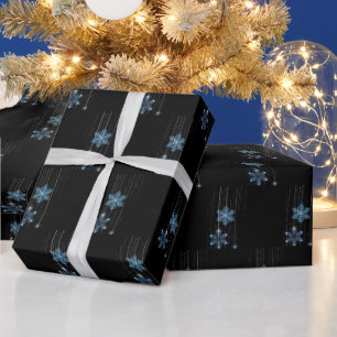 Blue Diamond Snowflakes on Black Wrapping Paper
