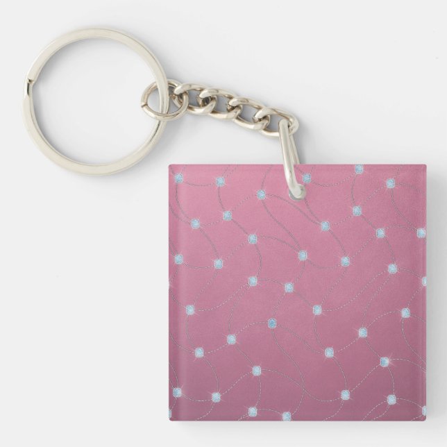 Blue diamond stitched on pink leather key ring (Front)