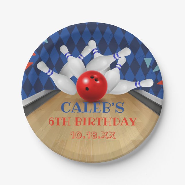 Blue Diamond Stripe Lets Strike Bowling Birthday Paper Plate (Front)