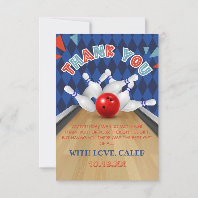 Blue Diamond Stripe Lets Strike Bowling Birthday Thank You Card (Front)