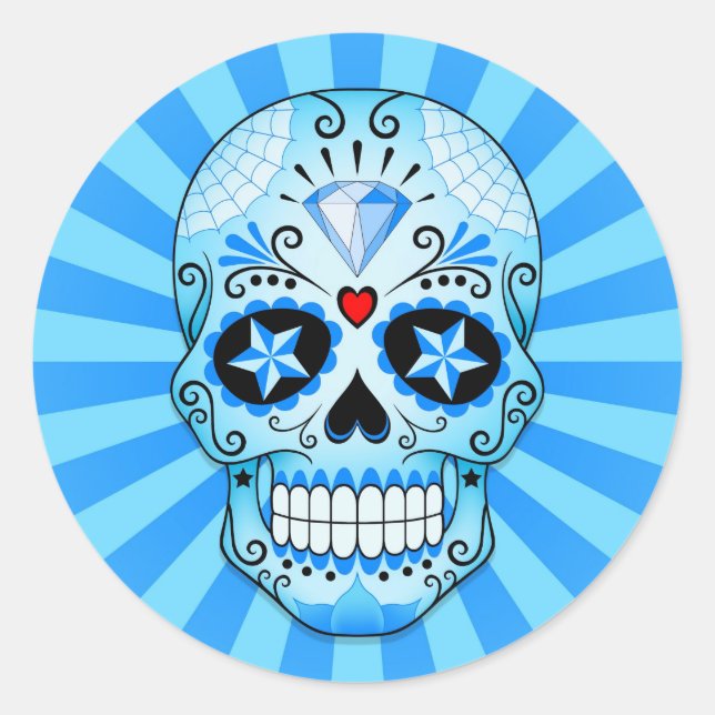 Blue Diamond Sugar Skull Classic Round Sticker (Front)