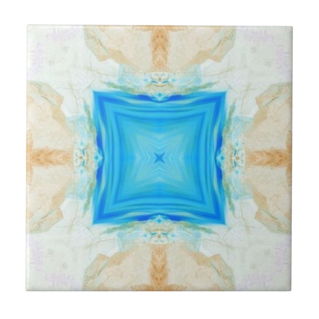 Blue diamond turquoise cream geometric art ceramic tile (Front)
