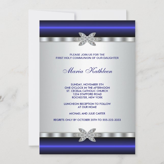 Blue Diamond White Girls First Communion Invitation (Front)
