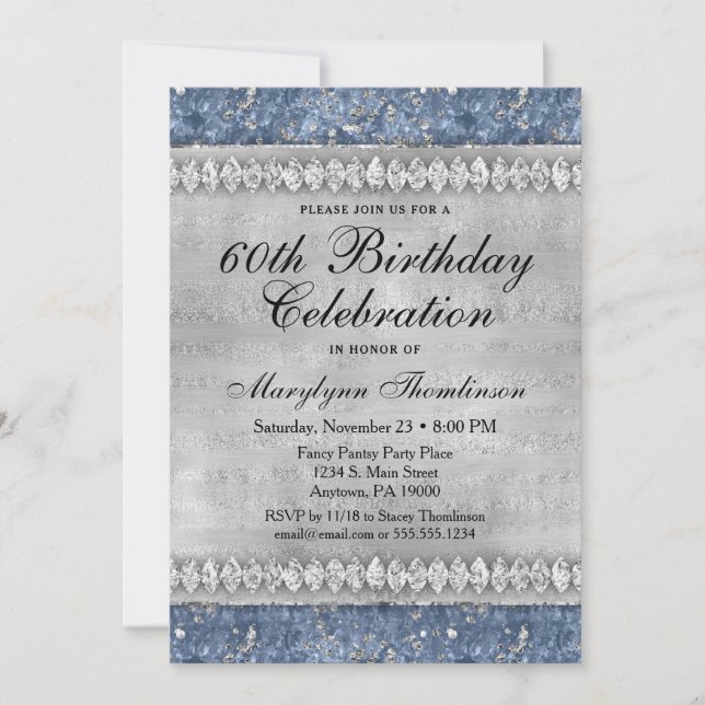 Blue Diamonds Birthday Invitation Velvet Silver (Front)