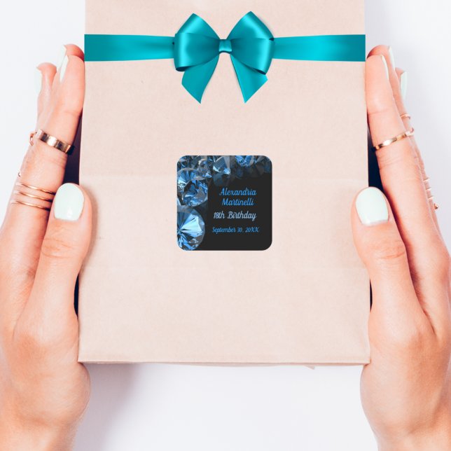 Blue Diamonds Black Party Favor Square Sticker (Creator Uploaded)