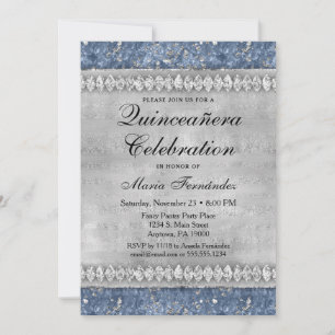 Blue Diamonds Quinceañera Invitation Silver Glam