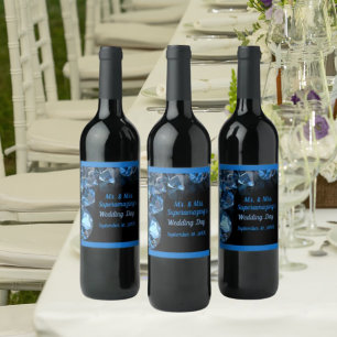 Blue Diamonds Wedding Mr Mrs Black Wine Label
