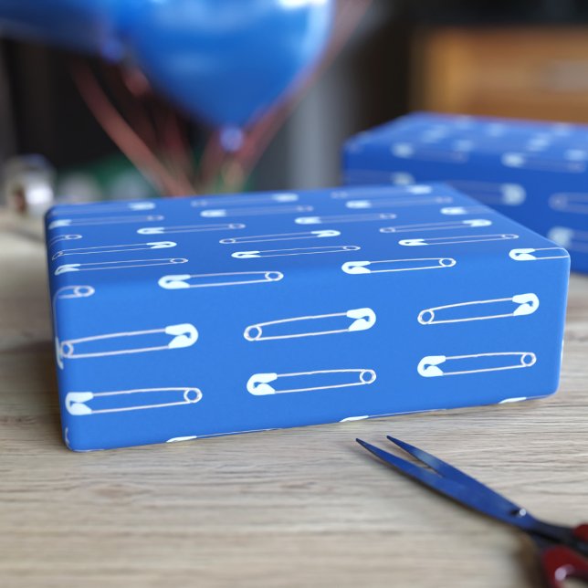 Blue Diaper Pin Boy Baby Shower Wrapping Paper (Creator Uploaded)