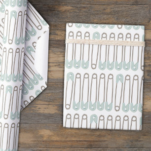 Blue Diaper Pin Pattern Baby Shower Wrapping Paper