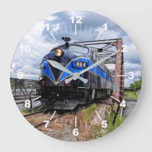 Blue Diesel Engine Locomotive on Bridge Railfan  Large Clock