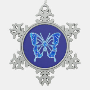 Blue Digital Butterfly, customise background  Snowflake Pewter Christmas Ornament