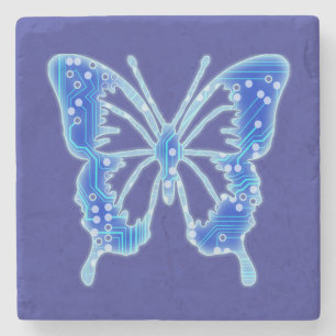 Blue Digital Butterfly, customise background Stone Coaster