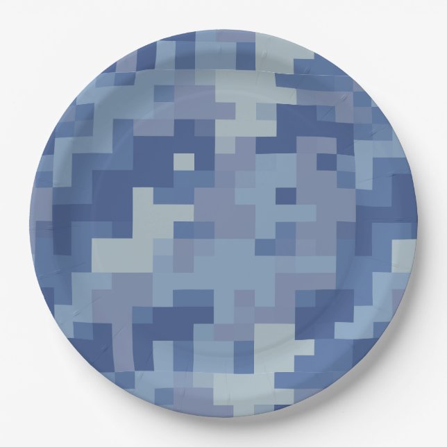 Blue Digital Camouflage Paper Plates (Front)