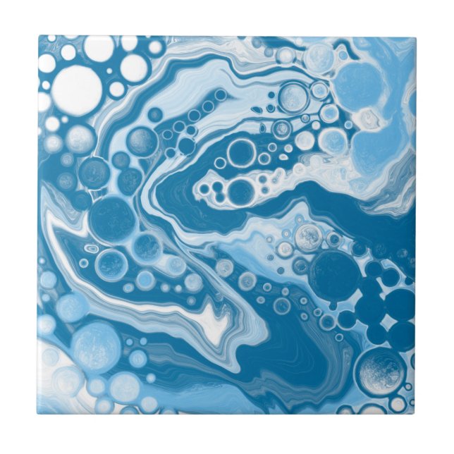  Blue Digital Fluid Art Marble Pour Painting Cells Ceramic Tile (Front)