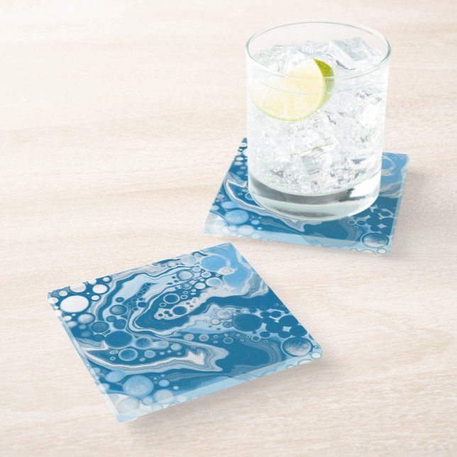 Blue Digital Fluid Art Marble Pour Painting Cells Glass Coaster (Angled)