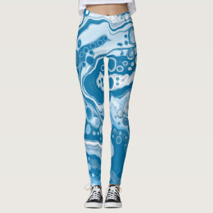 Blue Digital Fluid Art Marble Pour Painting Cells Leggings
