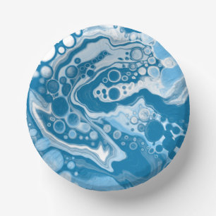 Blue Digital Fluid Art Marble Pour Painting Cells Paper Plate