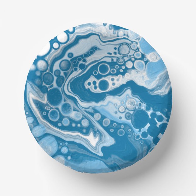  Blue Digital Fluid Art Marble Pour Painting Cells Paper Plate (Front)