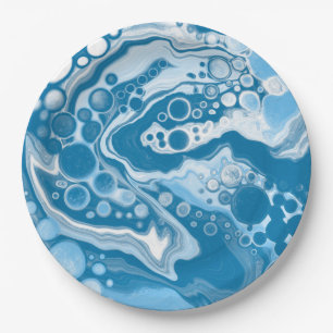  Blue Digital Fluid Art Marble Pour Painting Cells Paper Plate