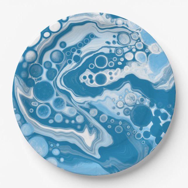  Blue Digital Fluid Art Marble Pour Painting Cells Paper Plate (Front)