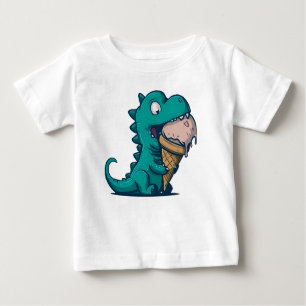 Blue Dino Loves Ice Cream - Funny Cartoon Art Baby T-Shirt